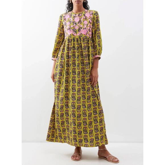 Muzungu Sisters Touba Yellow Embroidered Silk Bali Mask Dress Size Medium - Picture 1 of 8